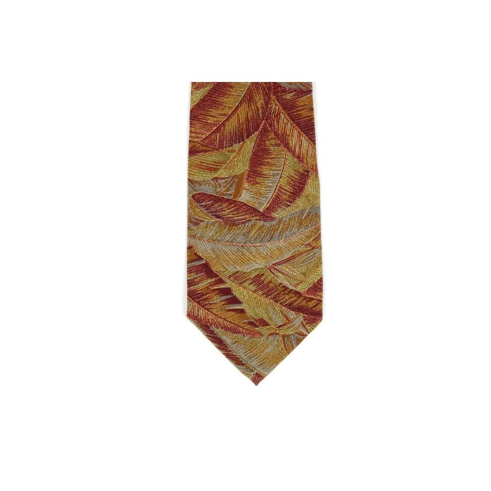 CAUMONT Tropical Tiki Palm Leaf Resort Red and Gold Mens Silk Neck Tie